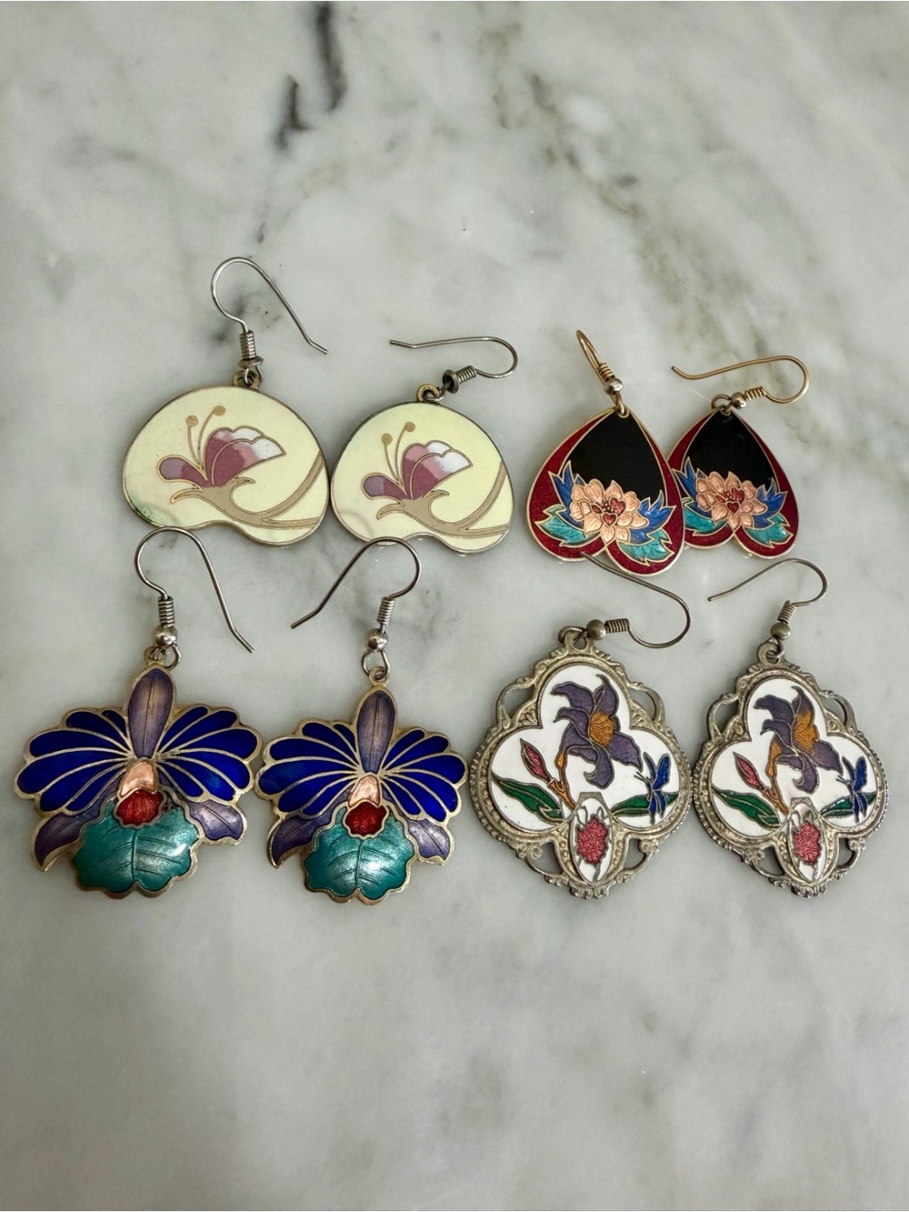 Vintage Cloisonné Enamel Earring Lot 4 Pairs Floral Butterfly Art Nouveau Style
